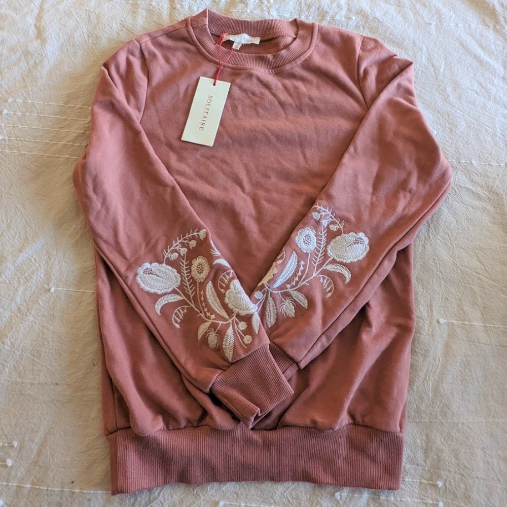 Floral Embroidered Pink Crewneck New Boho Cottage core  Solitaire Sweatshirt
